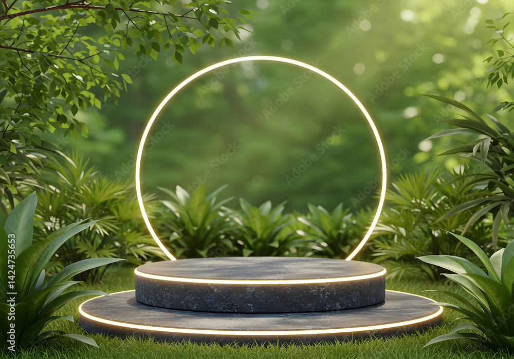 Poster 3D Render Illuminated Stone Display Podium in Lush Green Forest with a Glowing Ring Frame for Product Showcase