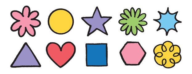 Chalk square, circle, triangle, star, flower and heart set. Crayon color kids geometric shapes. Hand drawn figures for children, poster, texture