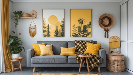 Cozy modern boho living room with stylish decor