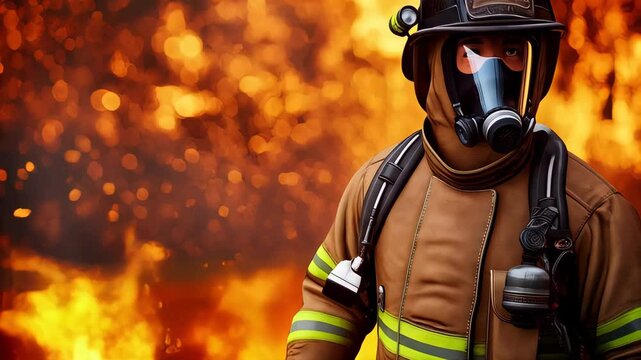 Firefighter stands in front of blazing flames during intense fire suppression effort in a forested area
