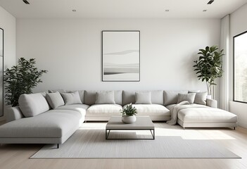 A living room with a large sectional couch and a coffee table.