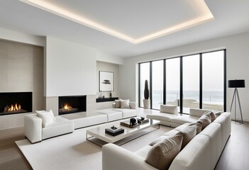 A living room with white furniture and a fireplace.