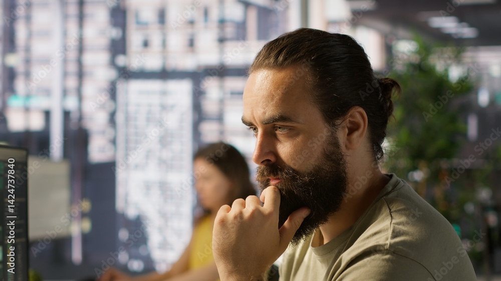 Poster pensive employee using computer to analyze datasets, focused on comparing datasets and checking acco