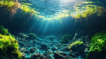 Obraz premium ethereal landscape split between above and below a crystal clear stream