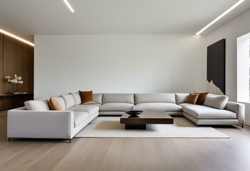 A living room with a white couch and a coffee table.