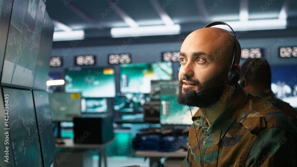 Poster middle eastern military dispatcher relays info from army intelligence analysts to troops on front li
