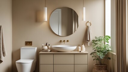 Elegant beige bathroom interior with sink and accessories