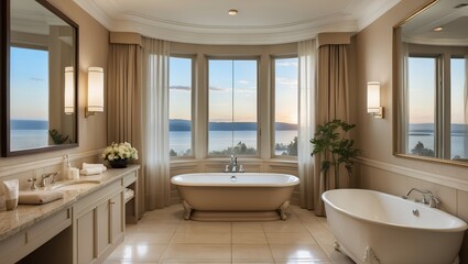 Elegant beige hotel bathroom with panoramic window