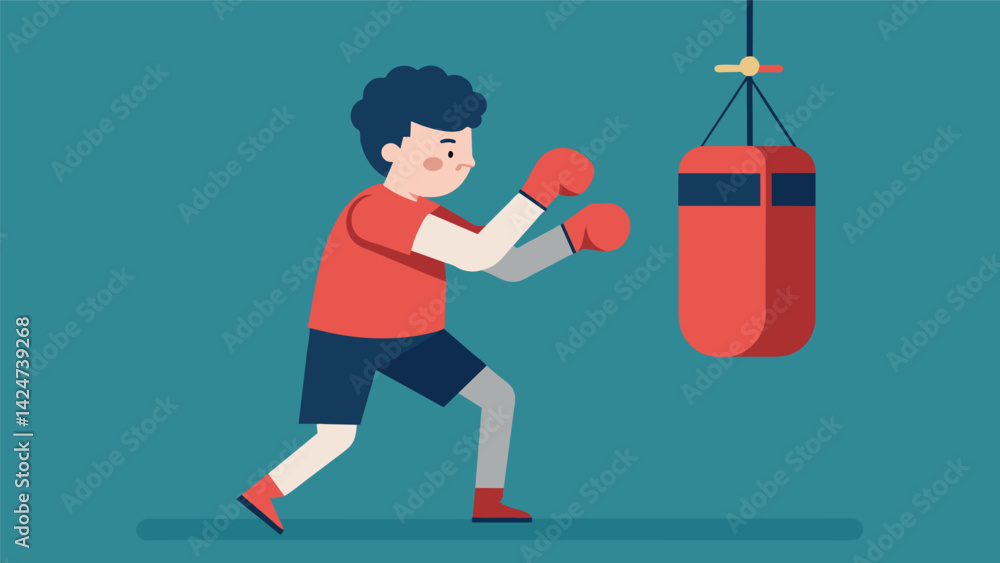 Poster a person with cerebral palsy using a specially designed boxing glove attachment for a punch bag.. ve