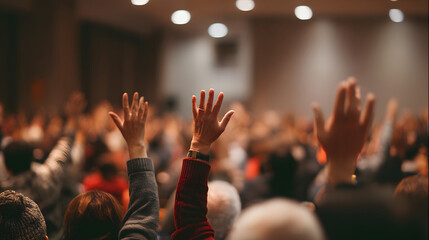 Engaged audience raises hands in a meeting.  Diverse participants at an event in an indoor auditorium.  Active participation shown.