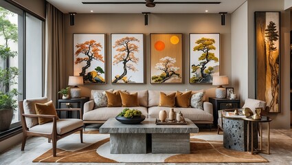 Fototapeta premium Elegant japandi interior with natural colors and stylish decor