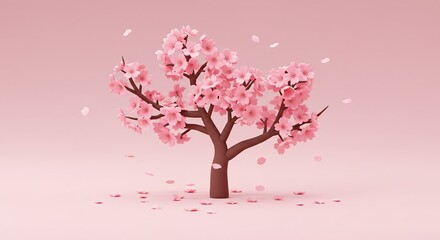 Fototapeta premium Cute Kawaii Cherry Blossom Branch with Scattered Petals 3D Render in Pastel Pink Hues for Springtime Themes