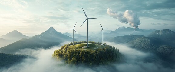 Sustainable Energy Island Amidst Misty Mountains