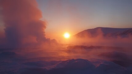 Arctic Sunset: Geothermal Steam Rises at Dawn