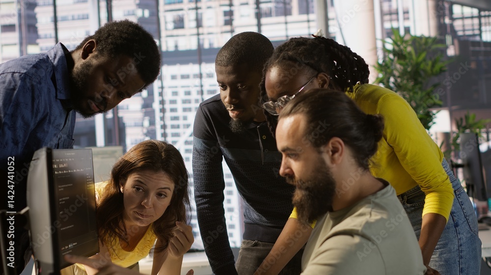 Poster team of software engineers doing brainstorming to create machine learning models that can process an