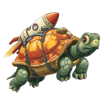 Cartoon turtle racing with rocket strapped