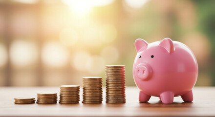 Pink piggy bank with growing stacks of coins symbolizing savings and financial growth in a soft