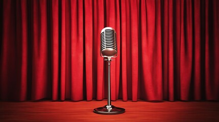 Vintage Microphone Stage Red Curtain Background Retro Music Performance Theater Show Broadcasting Podcast Recording Studio Classic Elegant Design Professional Audio Equipment Broadcasting Live Show   