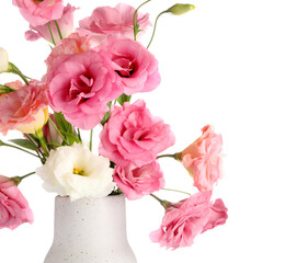 Vase with beautiful pink eustoma flowers on white background