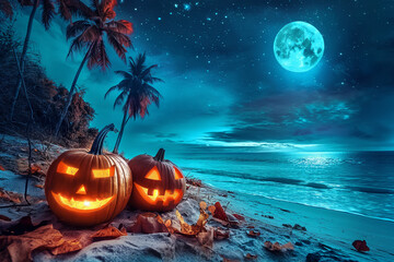Two jack-o'-lanterns glowing under moonlight on sandy tropical beach. Halloween coastal concept.  
