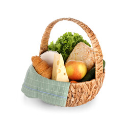 Wicker basket with delicious food for picnic on white background