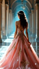 Princess in a pink ball gown walking down a hallway