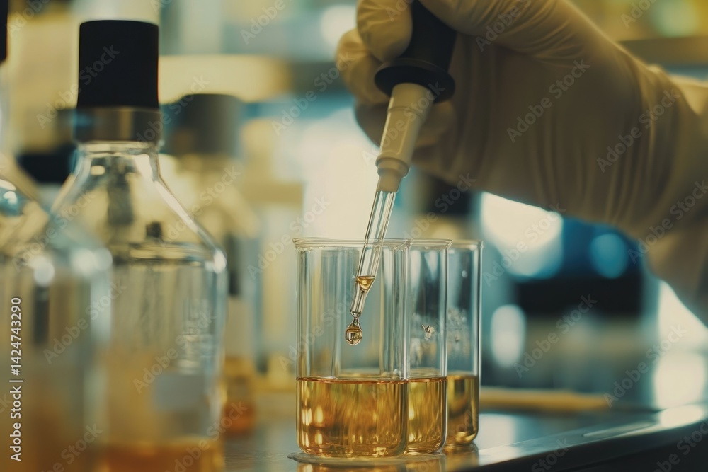 Poster a gloved hand uses a pipette to add a liquid to a beaker in a laboratory setting.