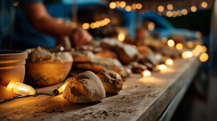 Rockhounds polishing geodes beneath string lights at night, glowing crystals and cozy scene, warm ambient lighting, artisan market vibe, lifestyle photography