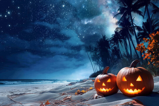 Two jack-o'-lanterns glowing on starry tropical beach. Halloween celebration at night.  
