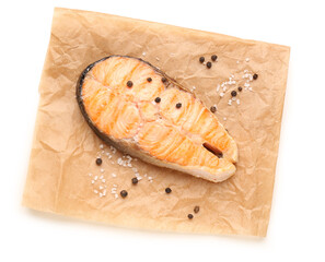 Tasty grilled salmon steak on white background