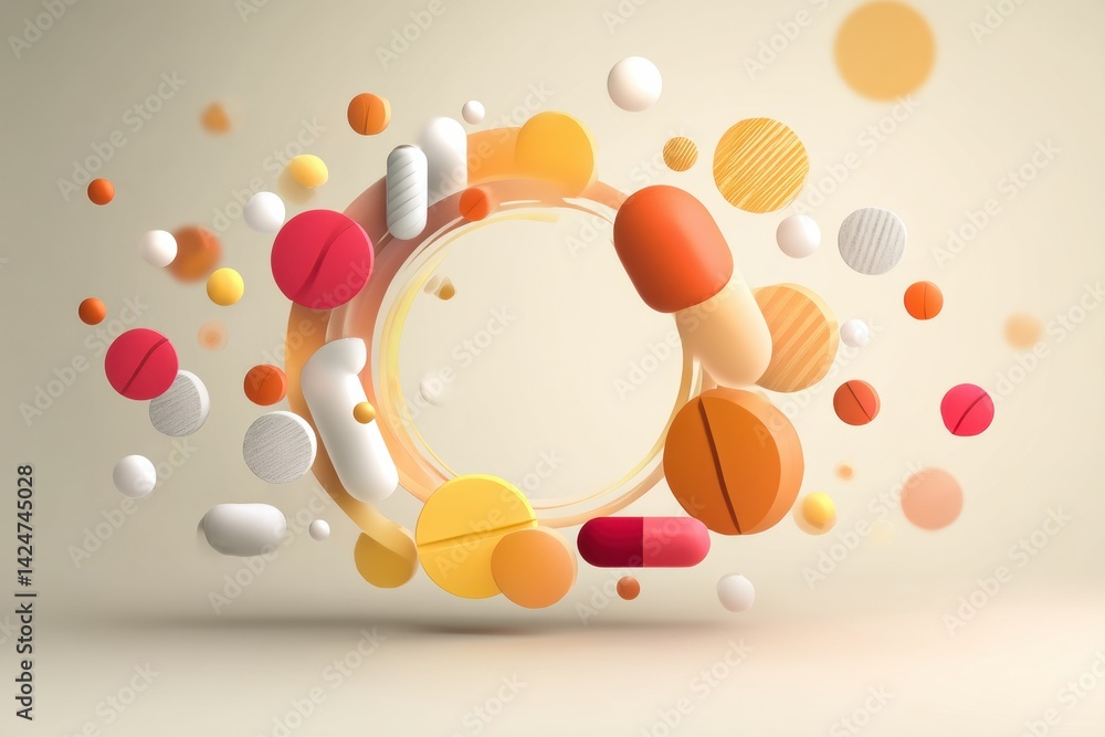Aufkleber Bright Minimal Pills and Icons in a Circular Health Motion Creating a Dynamic Composition of Colors and Shapes