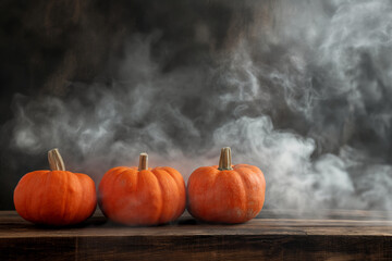 Three pumpkins on wood surface with spooky smoke. Halloween decoration concept.
