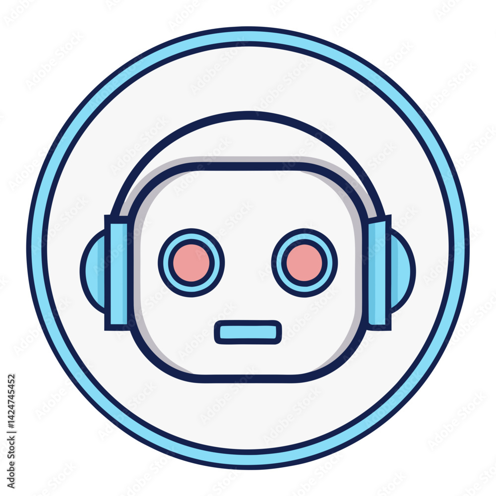 Poster futuristic circular chatbot icon with robotic face and colorful headphones set against dark blue bac