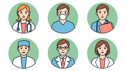 Colorful vector avatar icons set showcasing diverse medical professionals including doctors, nurses, and healthcare workers in round badges