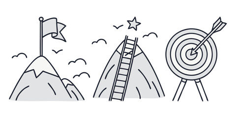 Minimalist vector showing mountain peak, flag, and target representing goal achievement, ambition, and strategic vision in simple doodle style