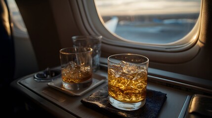Refreshing whisky with ice on a plane table during sunset flight, luxury travel