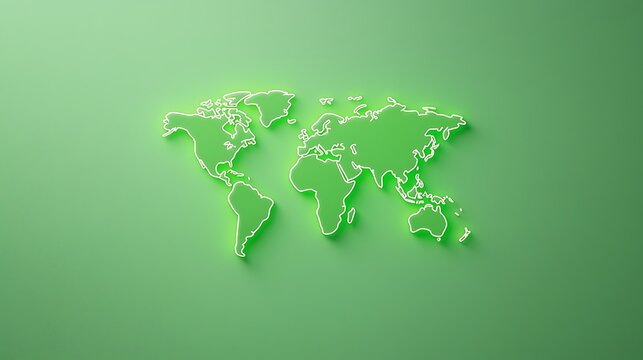 3D Neon Yellowish World Map on Green Background