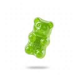 Green gummy bear isolated on white background. Sweet chewy candy close-up