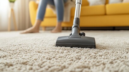 Cleaning Beige Carpet Vacuum Cleaner Modern Home Apartment Cleaning Service Housework Chore Domestic Cleaning Comfortable Living Room Yellow Sofa Cleanliness Hygiene Domesticity Daily Routine task    