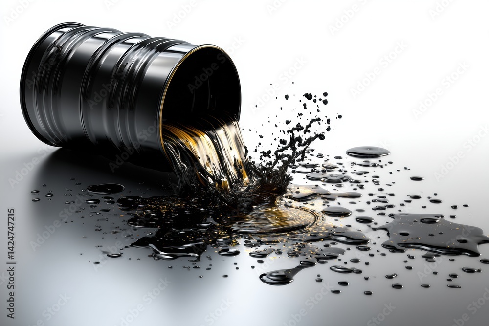 Aufkleber black barrel spills oil artistically onto glossy white background creating striking contrast and flu