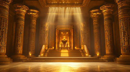 3d rendering of an ancient egyptian throne room with large golden pillars, hieroglyphic carvings, and an ornate throne illuminated by warm lighting. Wyrm Throne. Illustration