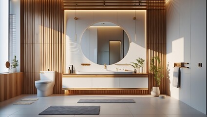 Luxurious minimalist bathroom design with wooden accents