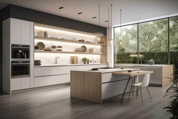 Modern Kitchen with Island, White Cabinets, and Wood Accents