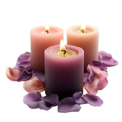 Three lit candles surrounded by rose petals romantic ambiance
