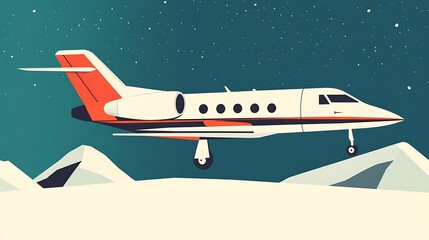 Private Jet Night Landing with Mountains.