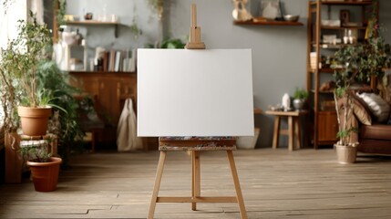 Blank canvas for oil painting in cozy art studio