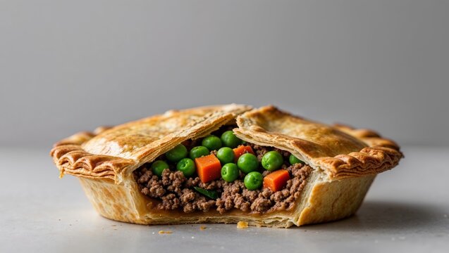 Savory Meat Pie close up of freshly baked pastry filled with seasoned ground meat and green vegetables