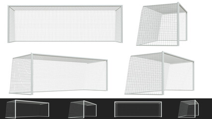 set de cages de football, différents angles de vues - fond transparent, rendu 3D