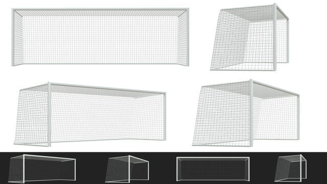 set de cages de football, diff&eacute;rents angles de vues - fond transparent, rendu 3D