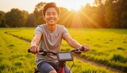 Smiling young Asian man riding an electric bike with a joyful expression in a vibrant green field during sunset, concept of outdoor activities or sustainable mobility